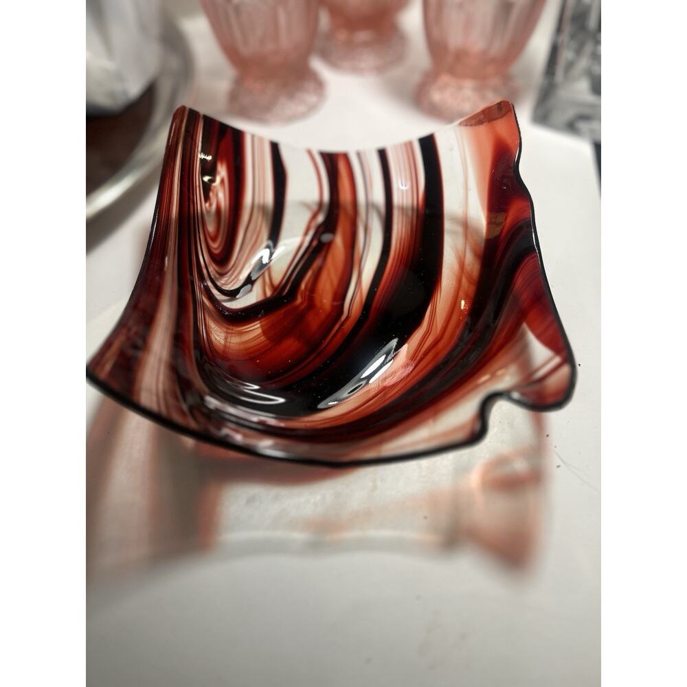 Vtg Art Glass Handkerchief Bowl/Plate-Red Swirl-Candle Holder/trinket Dish